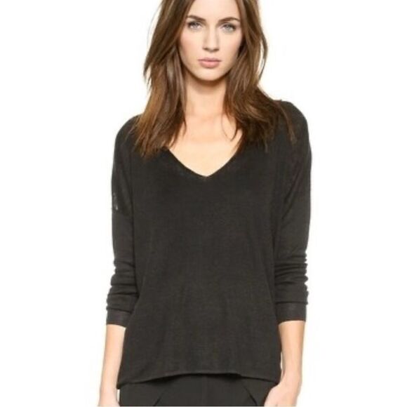 Theory Randelle Sag Harbor Linen Blend Black V-Neck Women's Top - Picture 4 of 7